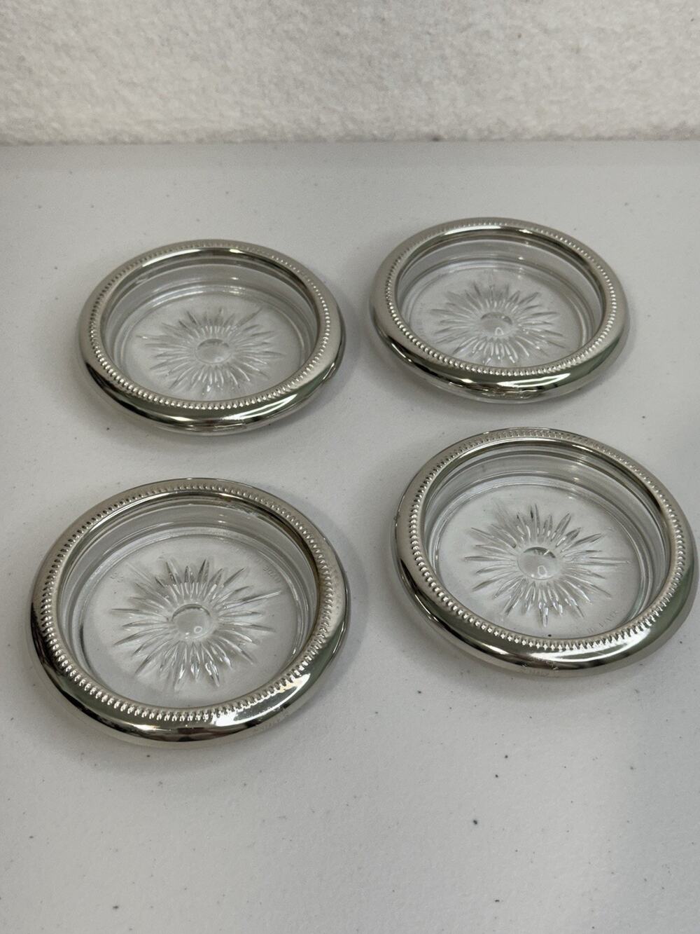 VTG Silver Plate Italian Crystal Glass Starburst Sunburst Coasters Ashtray Set 4